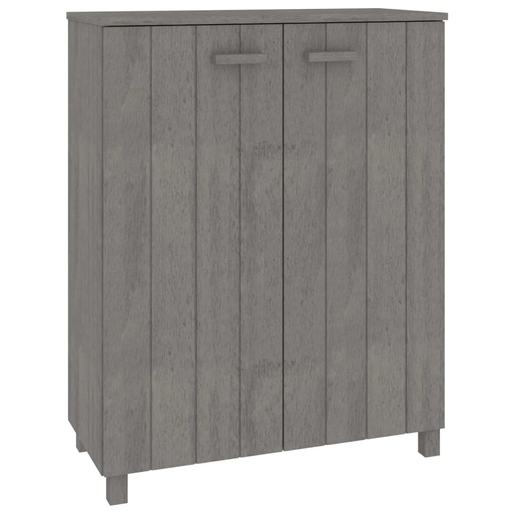 Light gray shoe cabinet made of solid pine wood with three adjustable shelves and sleek doors.