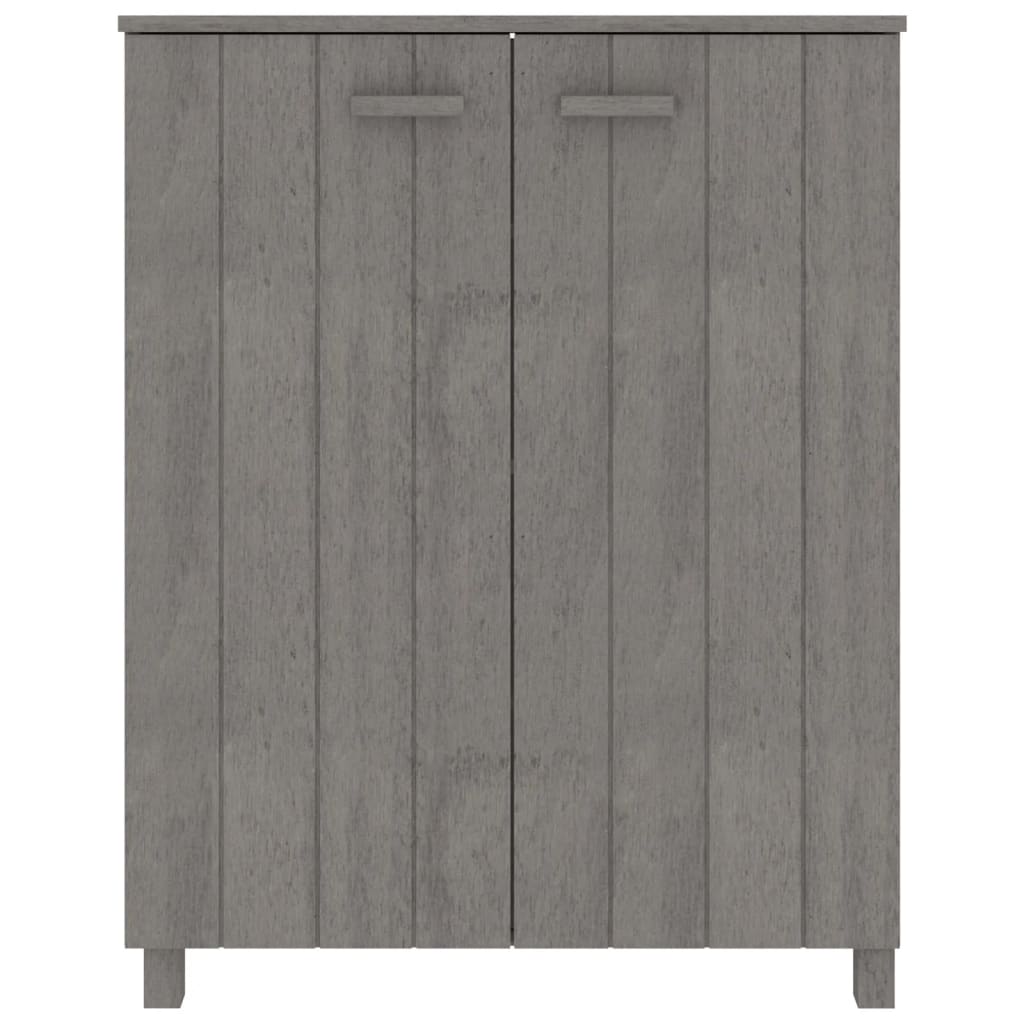 Light gray shoe cabinet made of solid pine wood with three adjustable shelves and sleek doors.