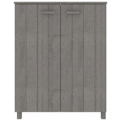 Light gray shoe cabinet made of solid pine wood with three adjustable shelves and sleek doors.
