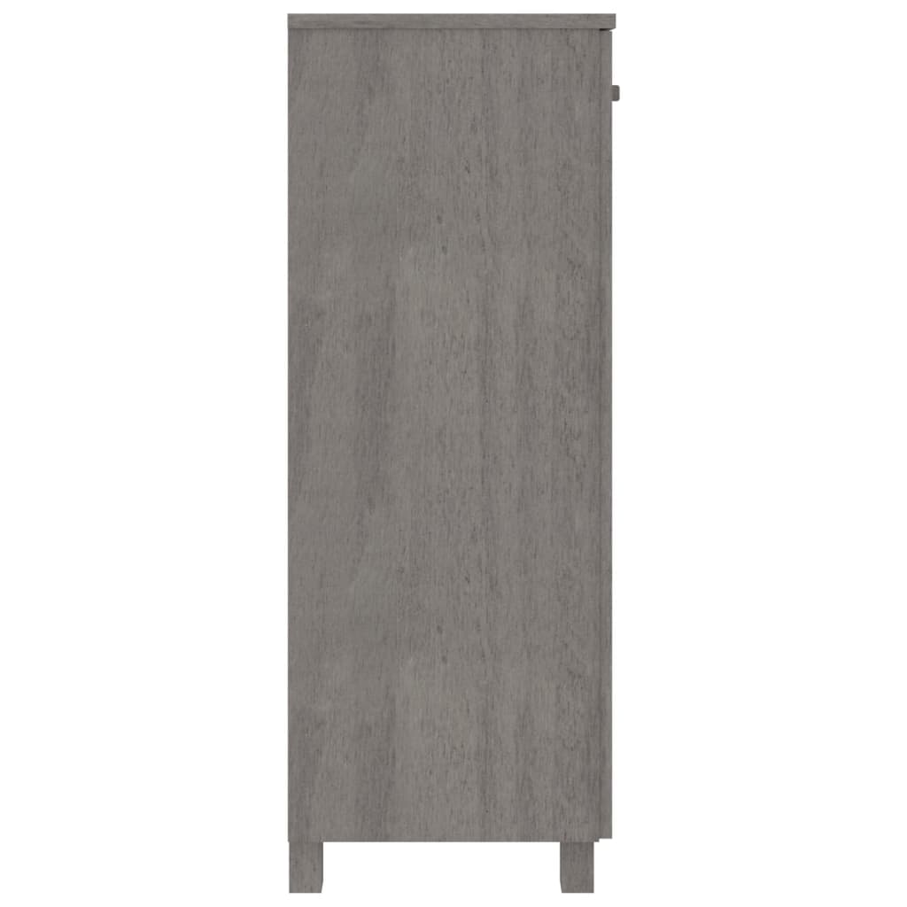 Light gray shoe cabinet made of solid pine wood with three adjustable shelves and wooden handles.