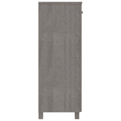 Light gray shoe cabinet made of solid pine wood with three adjustable shelves and wooden handles.