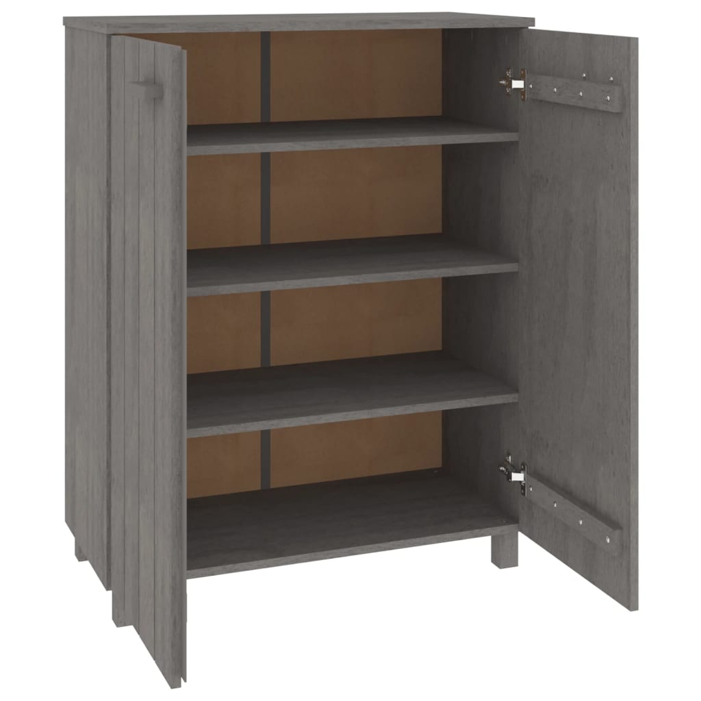 Light gray shoe cabinet made of solid pine wood with three adjustable shelves and wooden handles.