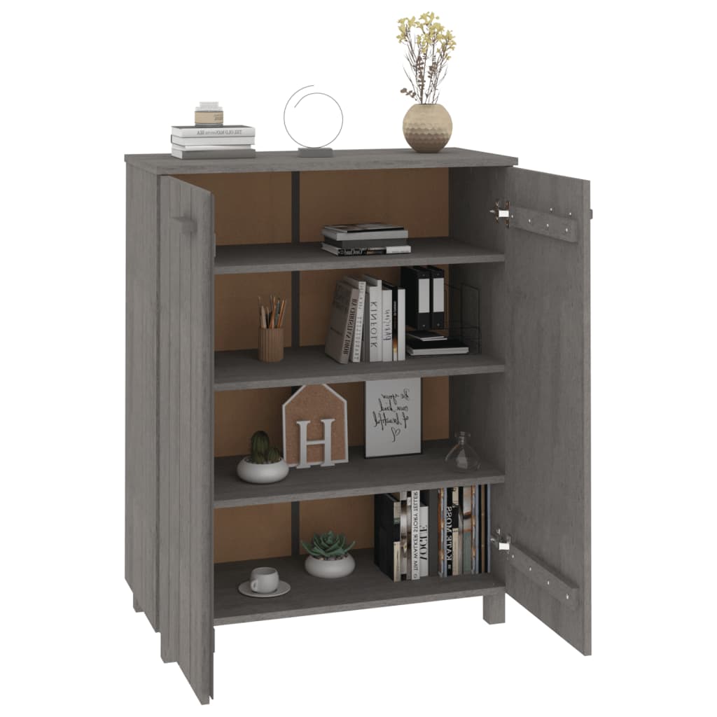Light gray shoe cabinet made of solid pine wood with three adjustable shelves and sleek doors.