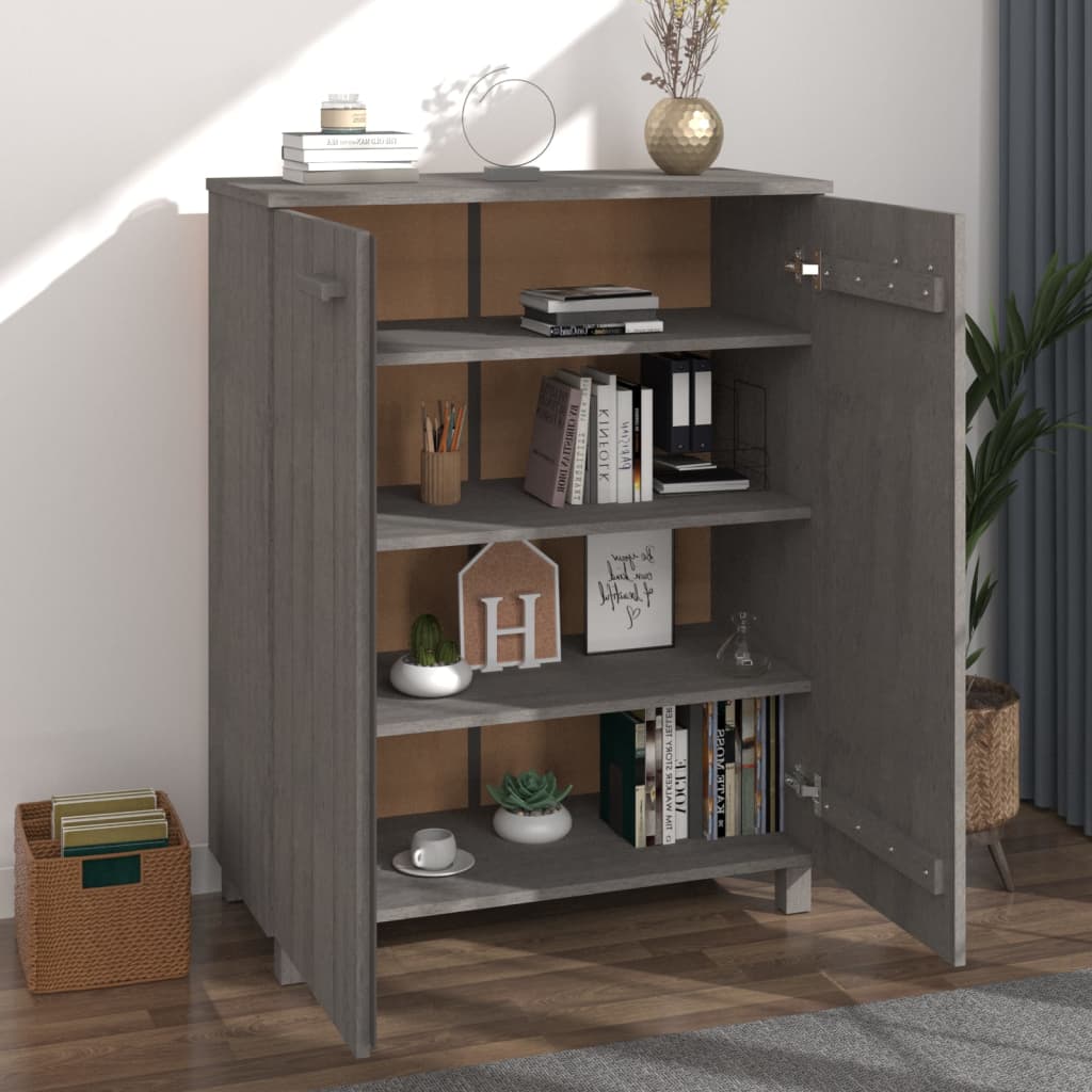 Light gray shoe cabinet made of solid pine wood with three adjustable shelves and sleek doors.