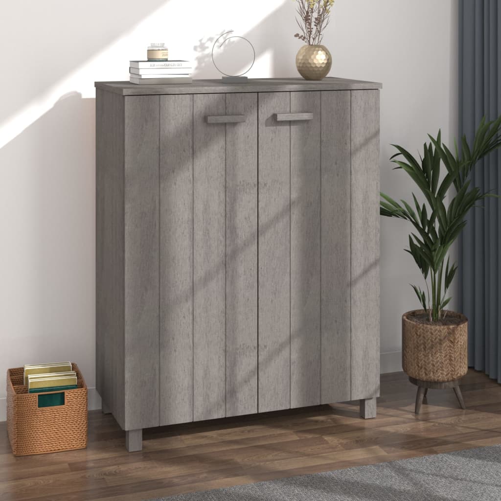 Light gray shoe cabinet made of solid pine wood with three adjustable shelves and wooden handles.