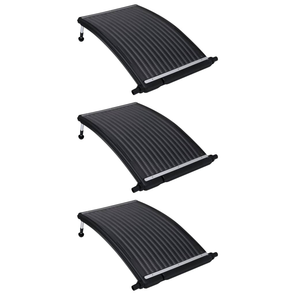 Three black HDPE curved solar pool heater panels with adjustable aluminum legs.