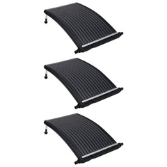 Three black HDPE curved solar pool heater panels with adjustable aluminum legs.