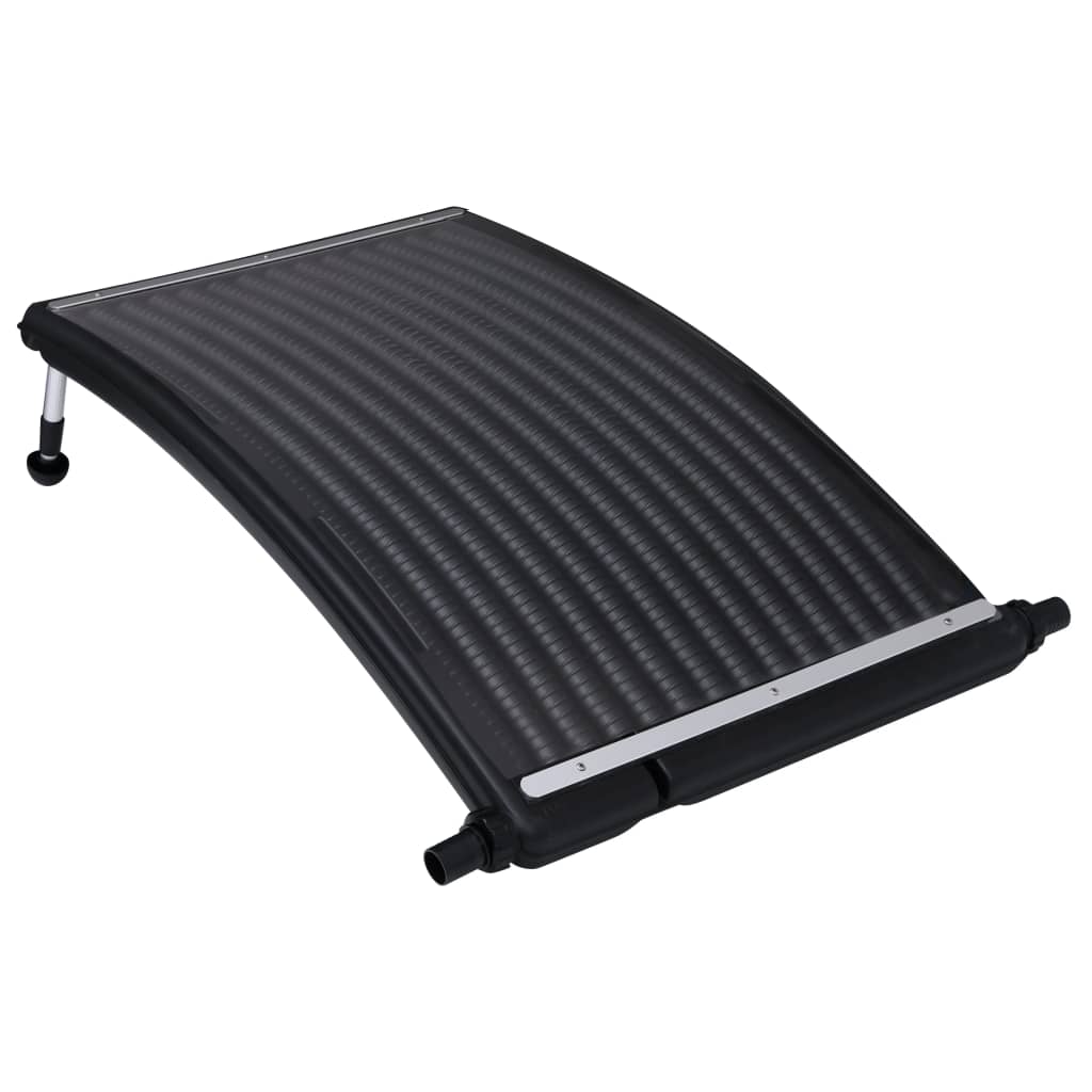 Three black HDPE solar pool heater panels with adjustable aluminum legs for optimal sun exposure.