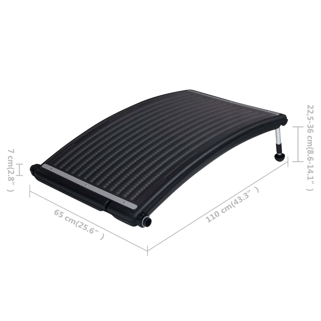 Three black HDPE solar pool heater panels with adjustable aluminum legs for sun exposure.