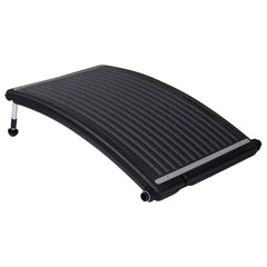 Three black HDPE curved solar pool heater panels with adjustable aluminum legs.