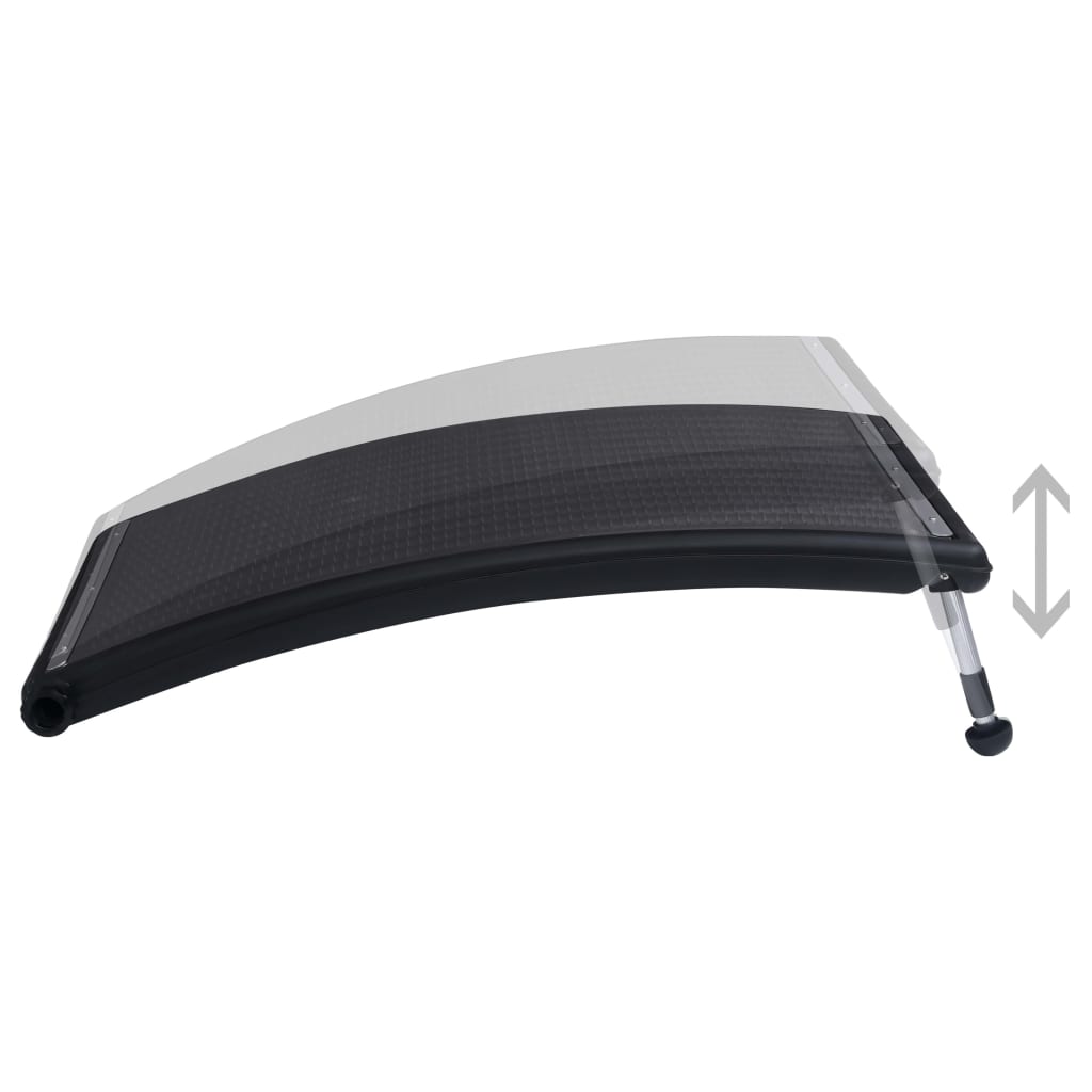Three black HDPE curved solar pool heater panels with adjustable aluminum legs.