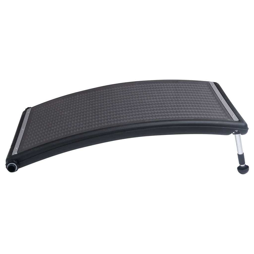 Three black HDPE solar pool heater panels with adjustable aluminum legs for optimal sun exposure.