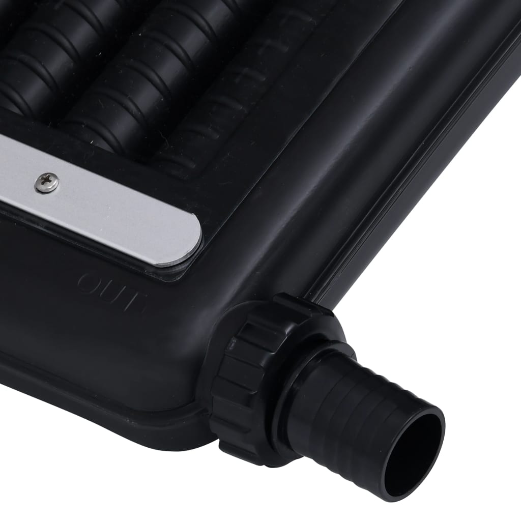 Three black HDPE curved solar pool heater panels with adjustable aluminum legs.