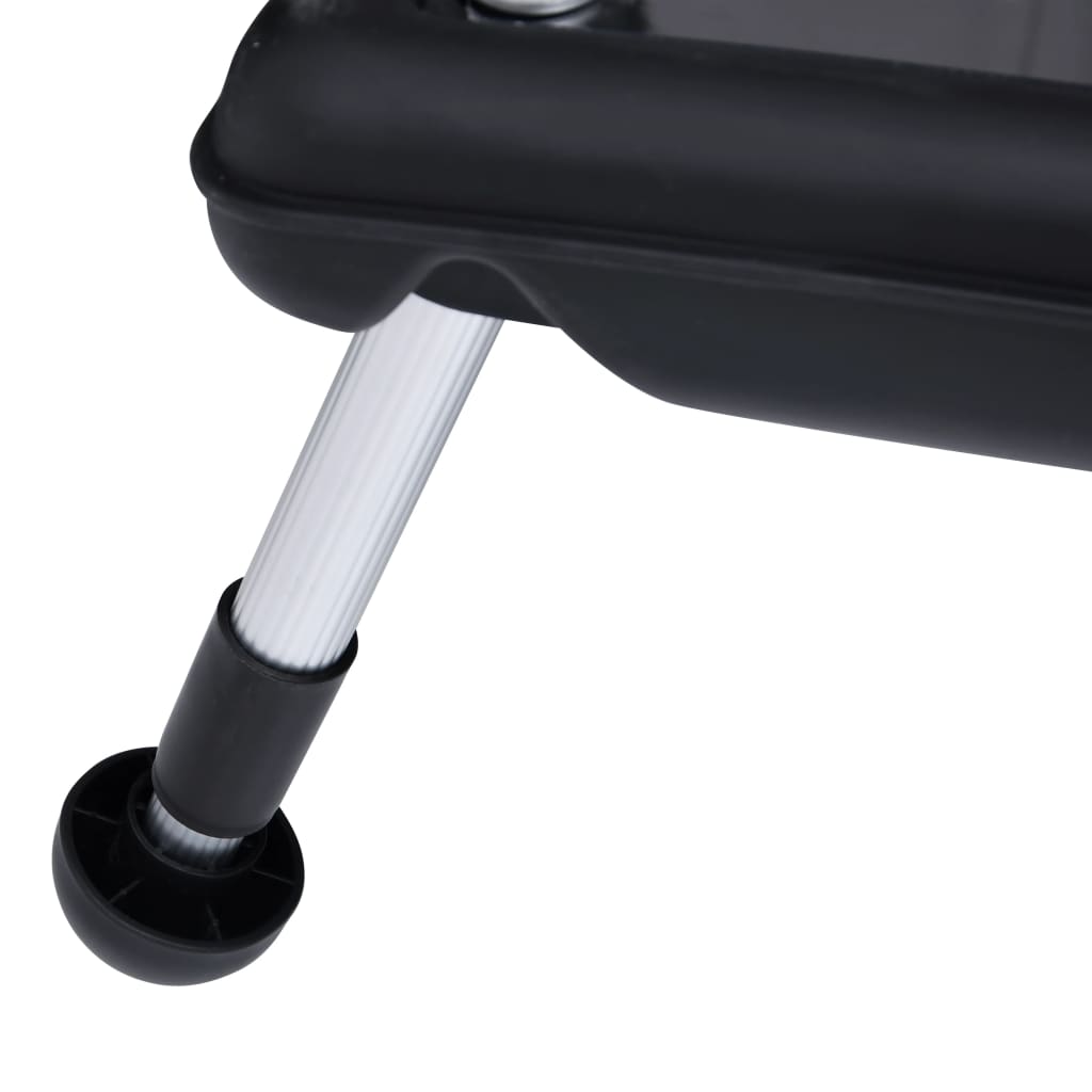 Three black HDPE curved solar pool heater panels with adjustable aluminum legs.