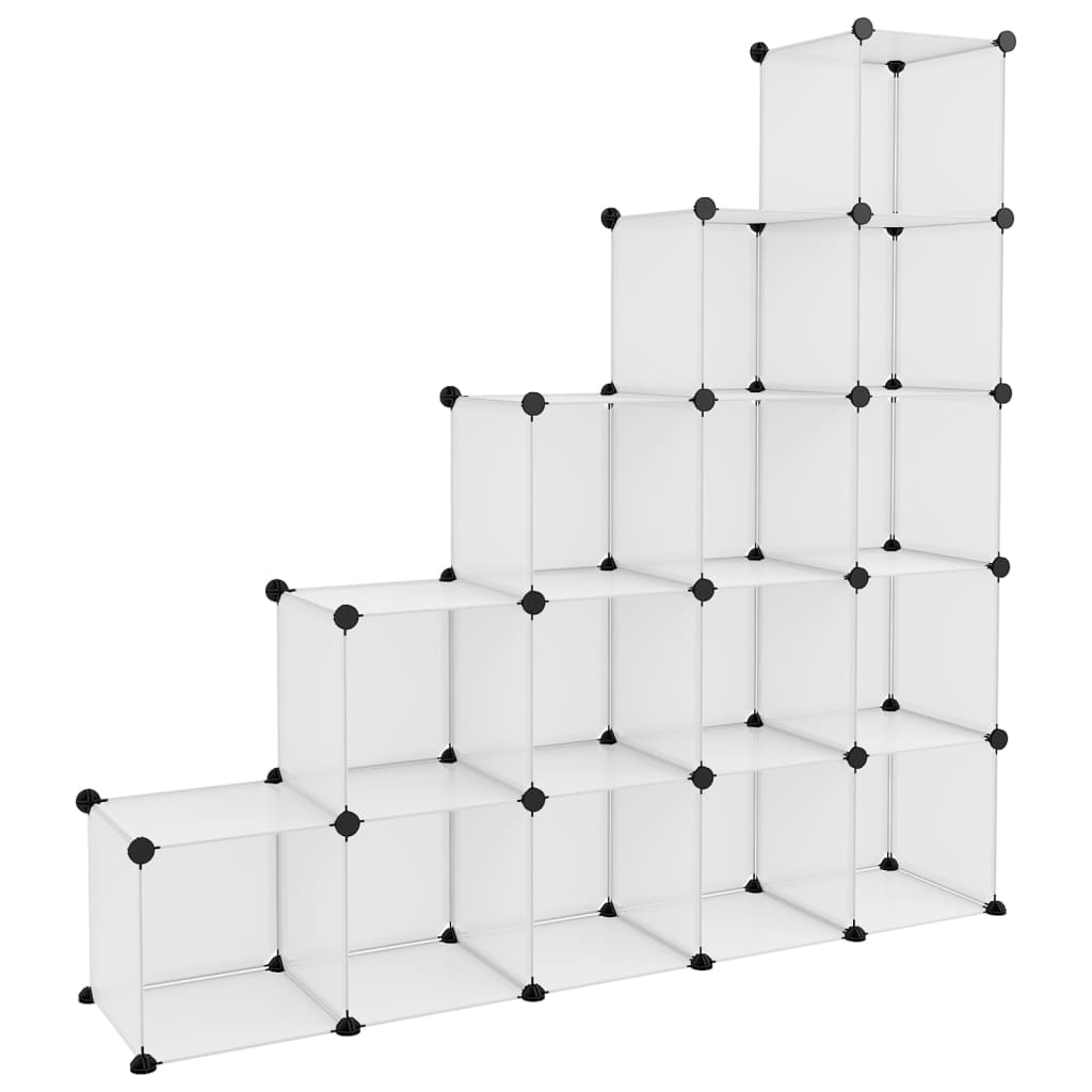 Transparent PP storage cube organizer with 15 white cubes and black metal frame.