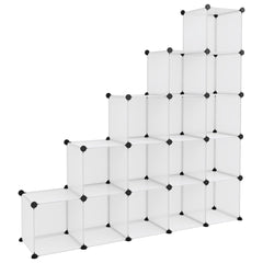 Transparent PP storage cube organizer with 15 white cubes and black metal frame.
