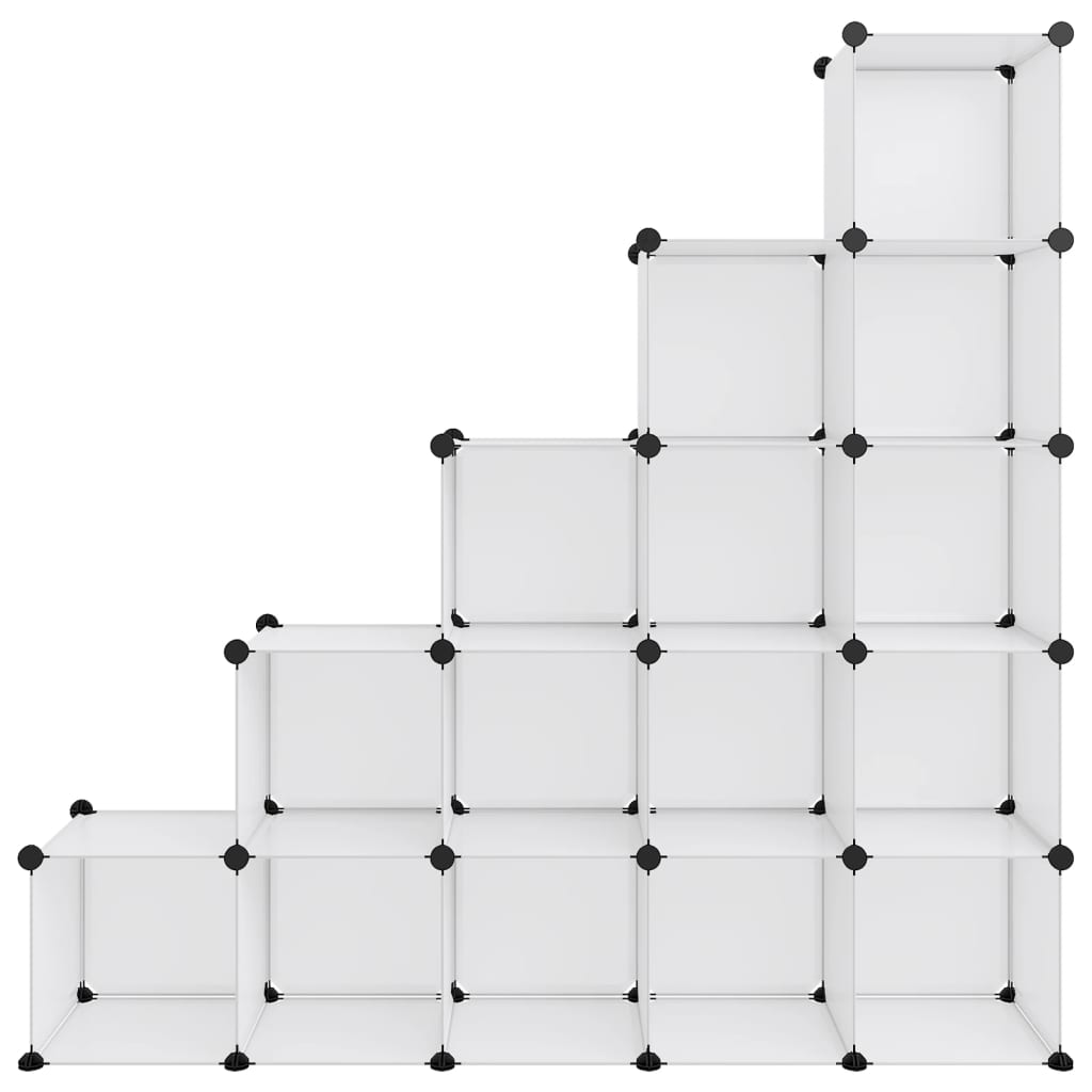 Transparent PP storage cube organizer with 15 white cubes and black frame.
