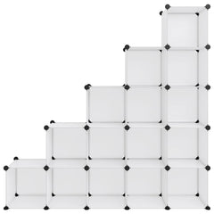 Transparent PP storage cube organizer with 15 white cubes and black frame.