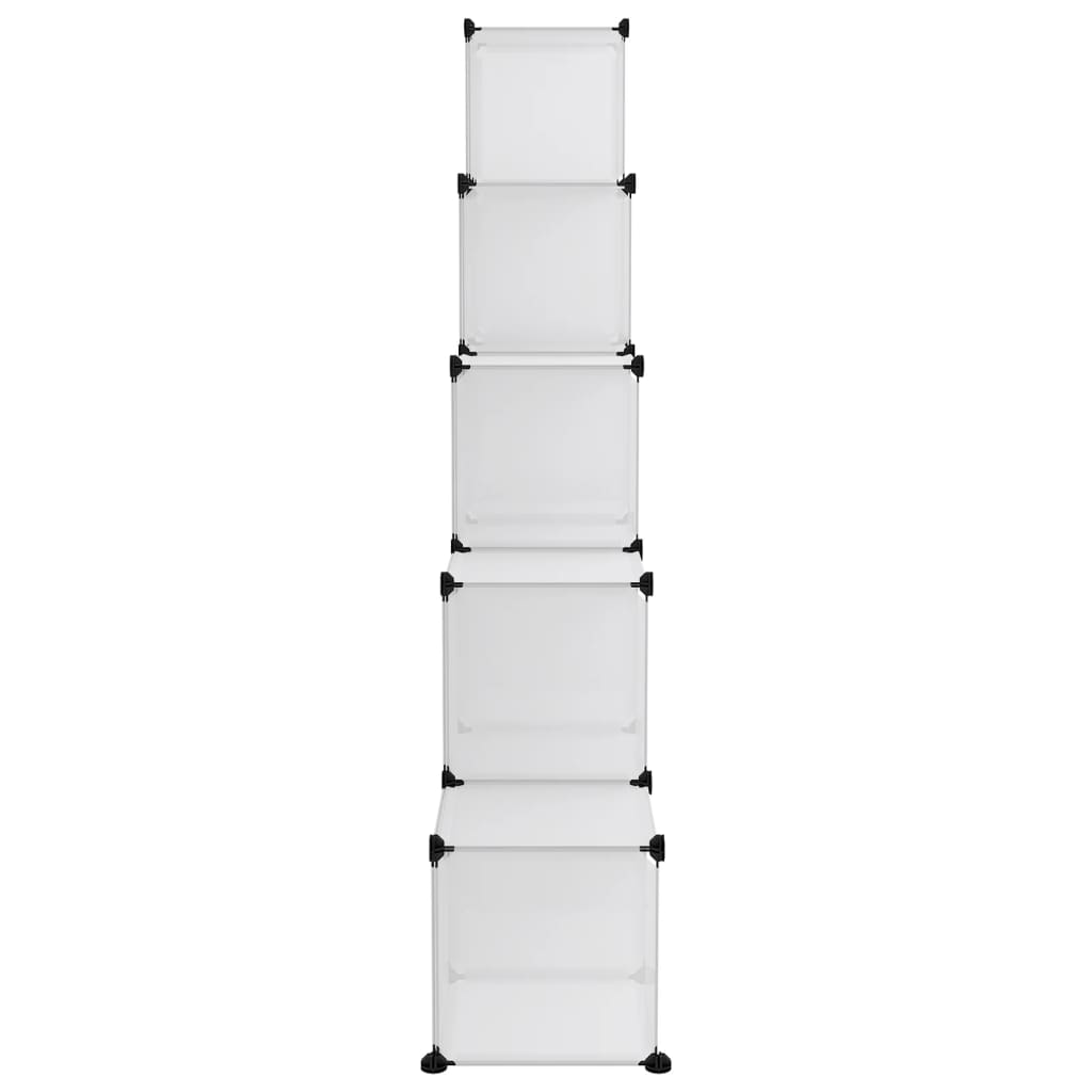 Transparent PP storage cube organizer with 15 stacked white cubes and black frame.