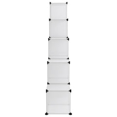 Transparent PP storage cube organizer with 15 stacked white cubes and black frame.