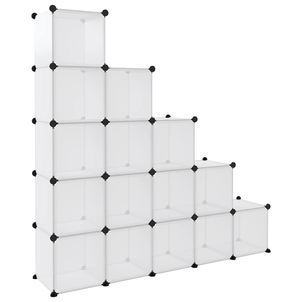 A Bostome transparent PP storage cube organizer with 15 cubes arranged in a staircase shape.
