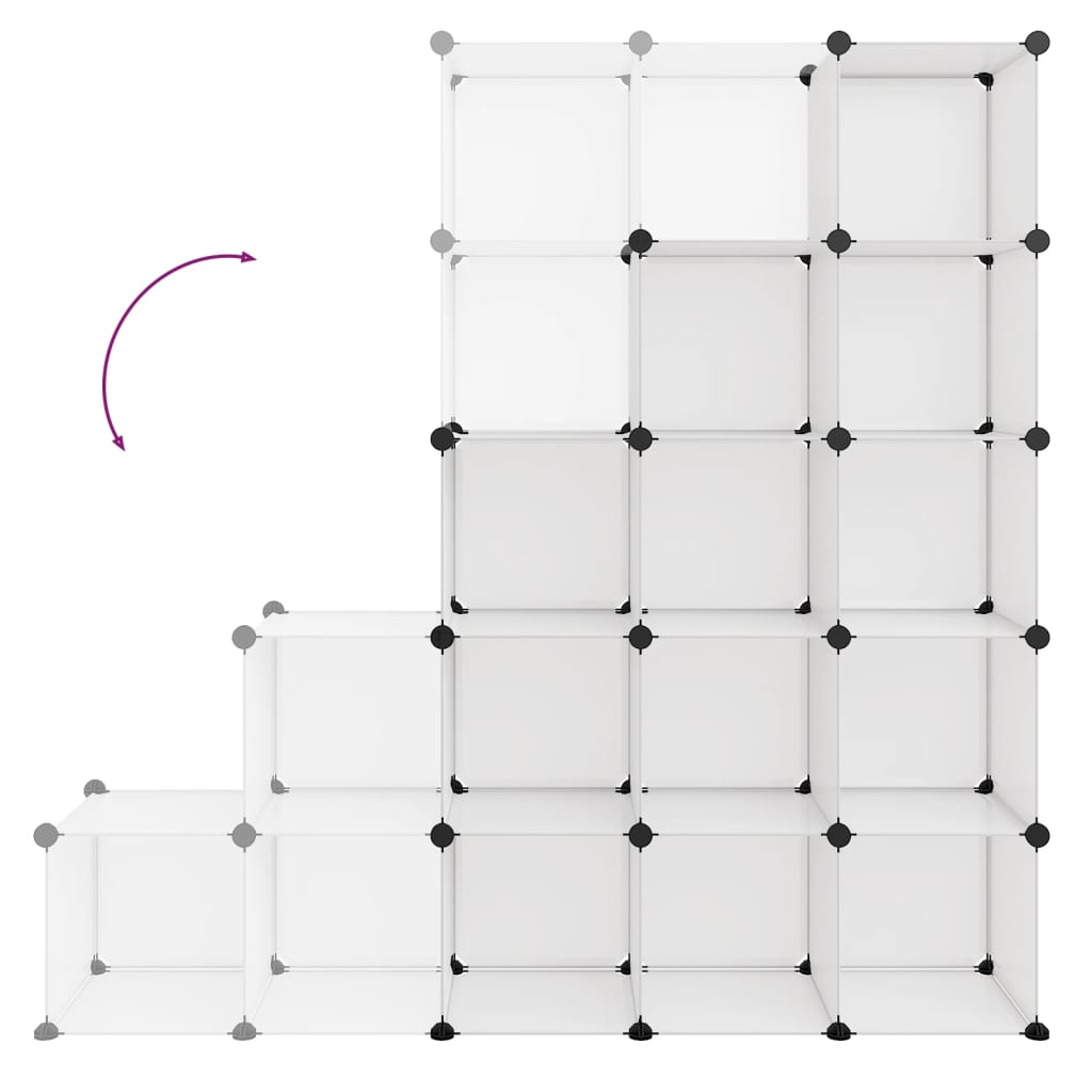Transparent PP storage cube organizer with 15 cubes and metal frame, shown assembled.