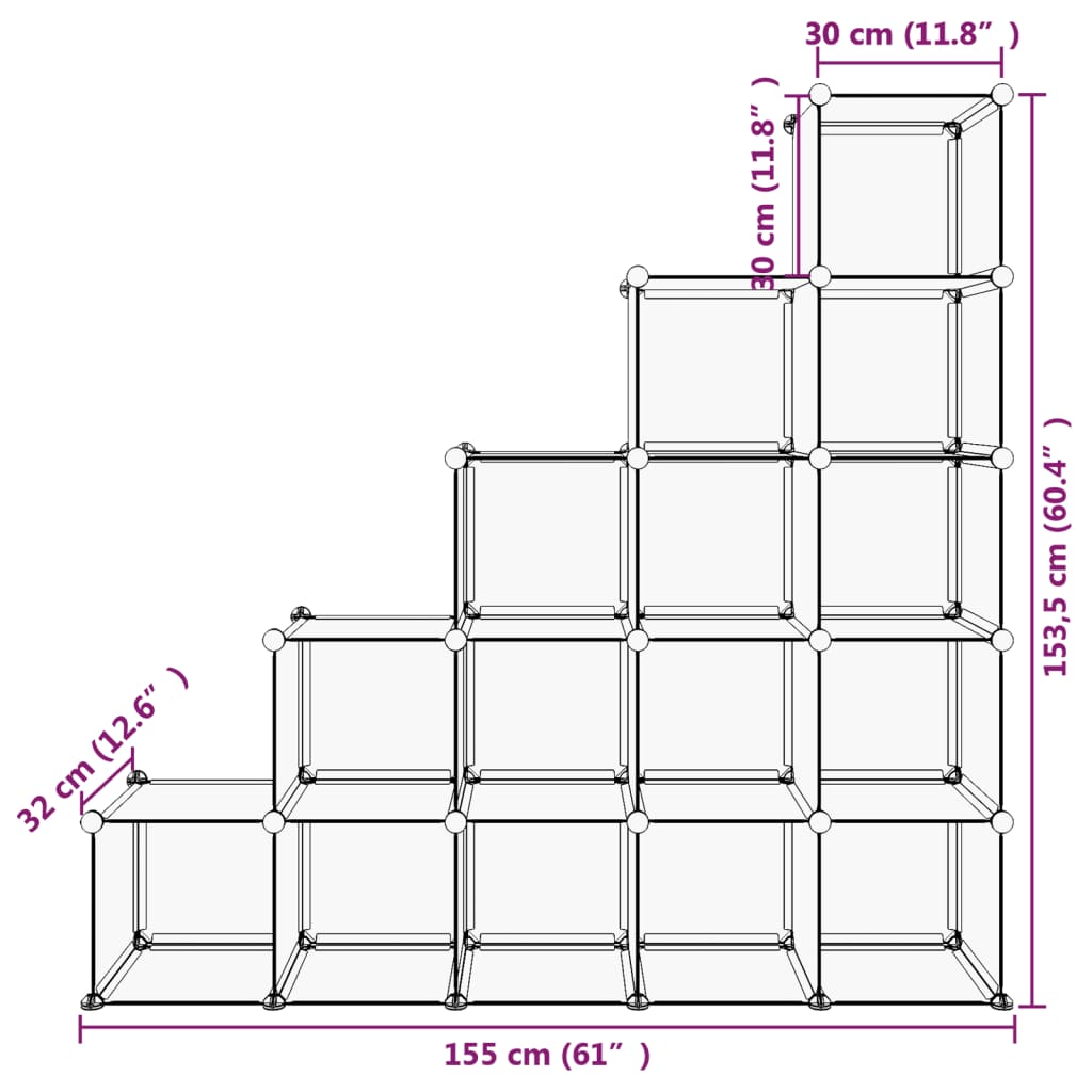 Transparent PP storage cube organizer with 15 cubes and dimensions 155 cm high, 70 cm wide, 30 cm deep.