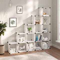 White transparent PP 15-cube storage organizer assembled against a wall with books and decor.
