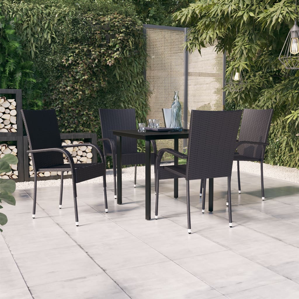 Garden Dining Set Black PE rattan, powder-coated steel, glass