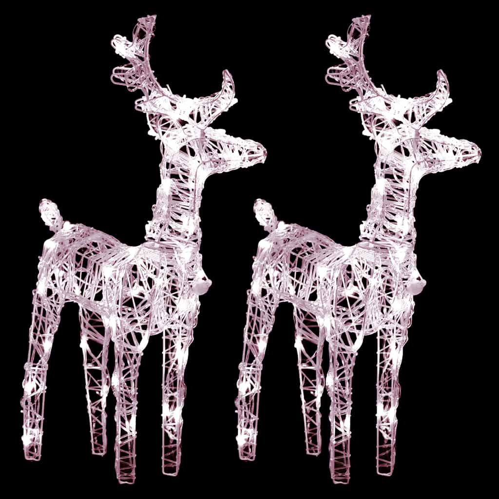 Two pink wireframe reindeer with warm white LED lights, standing side by side.