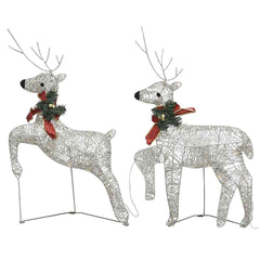 Pair of gold wireframe reindeer with red bows and 40 warm white LEDs, standing on bases.