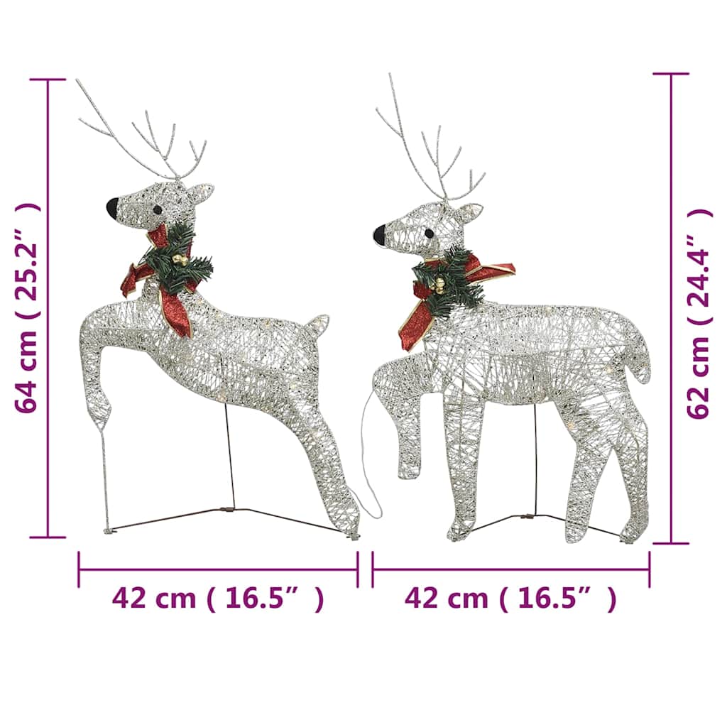 Pair of gold light-up Christmas reindeer statues with warm white LEDs and red bows, shown with dimensions.