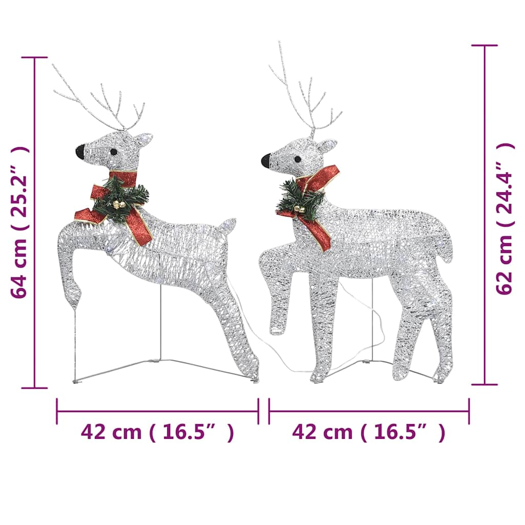 Pair of silver light-up Christmas reindeer with red bows and 40 LEDs, measuring 62 cm tall and 42 cm wide.