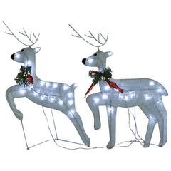 Two white lighted reindeer with LED lights and red ribbons, 2-pack.