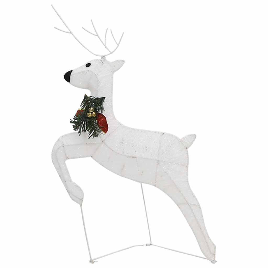 Two white wireframe reindeer silhouettes with green and red neck garlands and 40 LEDs.