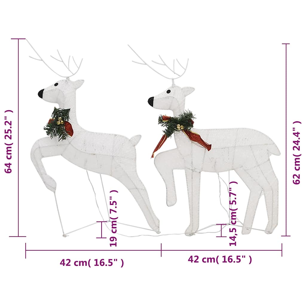 Two white wireframe reindeer figures with LED lights and red bows, shown with dimensions.