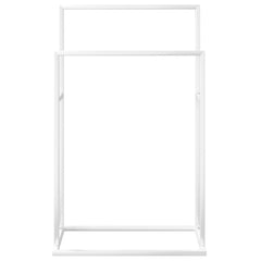 White iron freestanding towel rack with two tiers, measuring 18.9x9.4x30.9 inches.