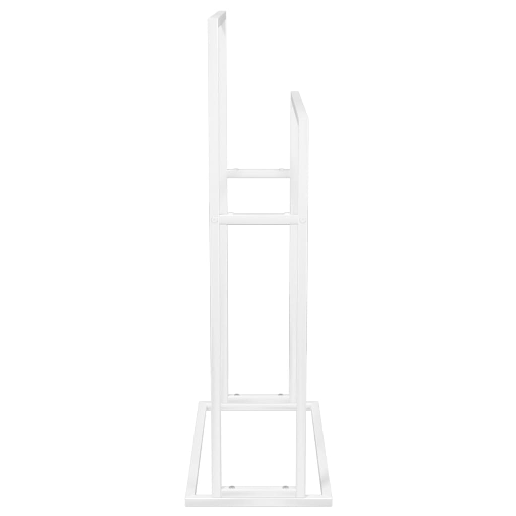 White iron freestanding towel rack with two tiers, measuring 18.9x9.4x30.9 inches.