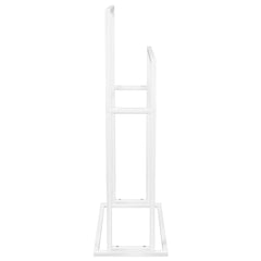White iron freestanding towel rack with two tiers, measuring 18.9x9.4x30.9 inches.