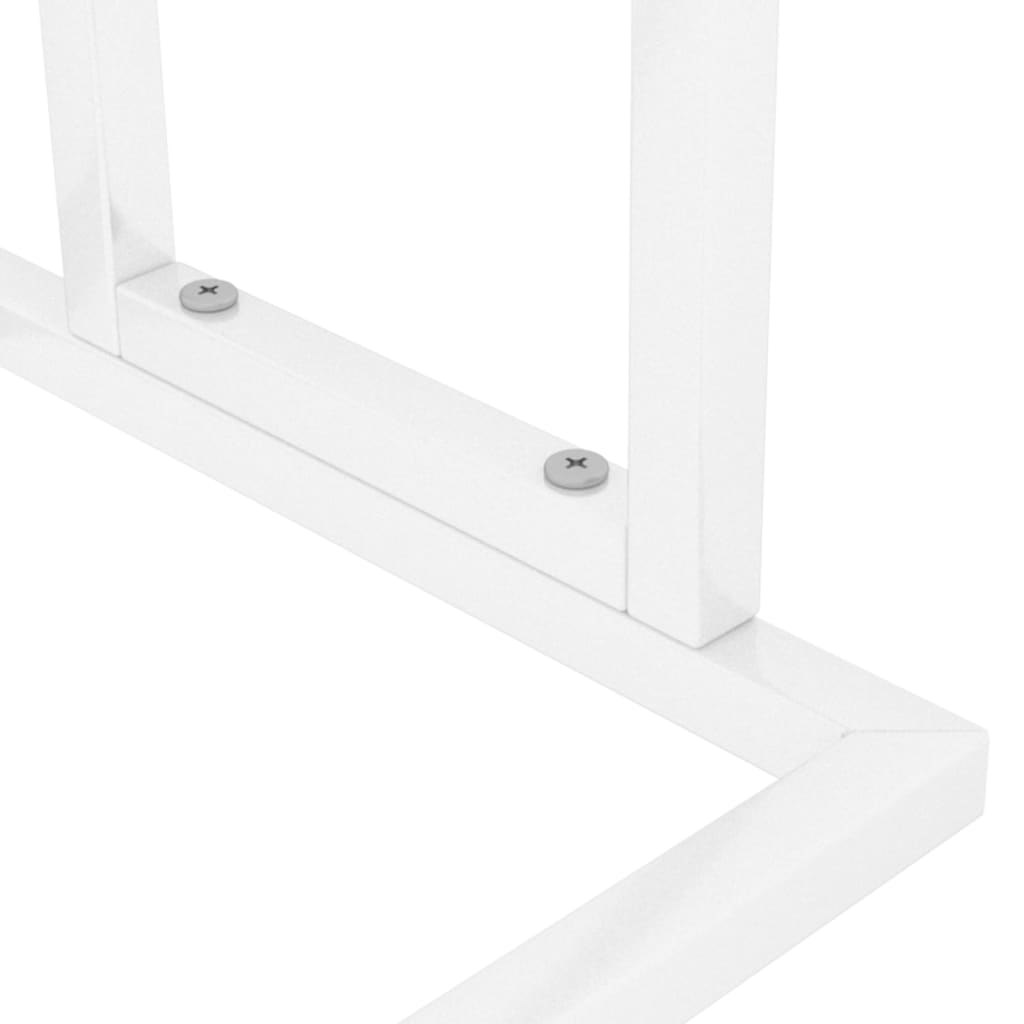 White iron freestanding towel rack with two tiers and screw details, 18.9x9.4x30.9 inches.
