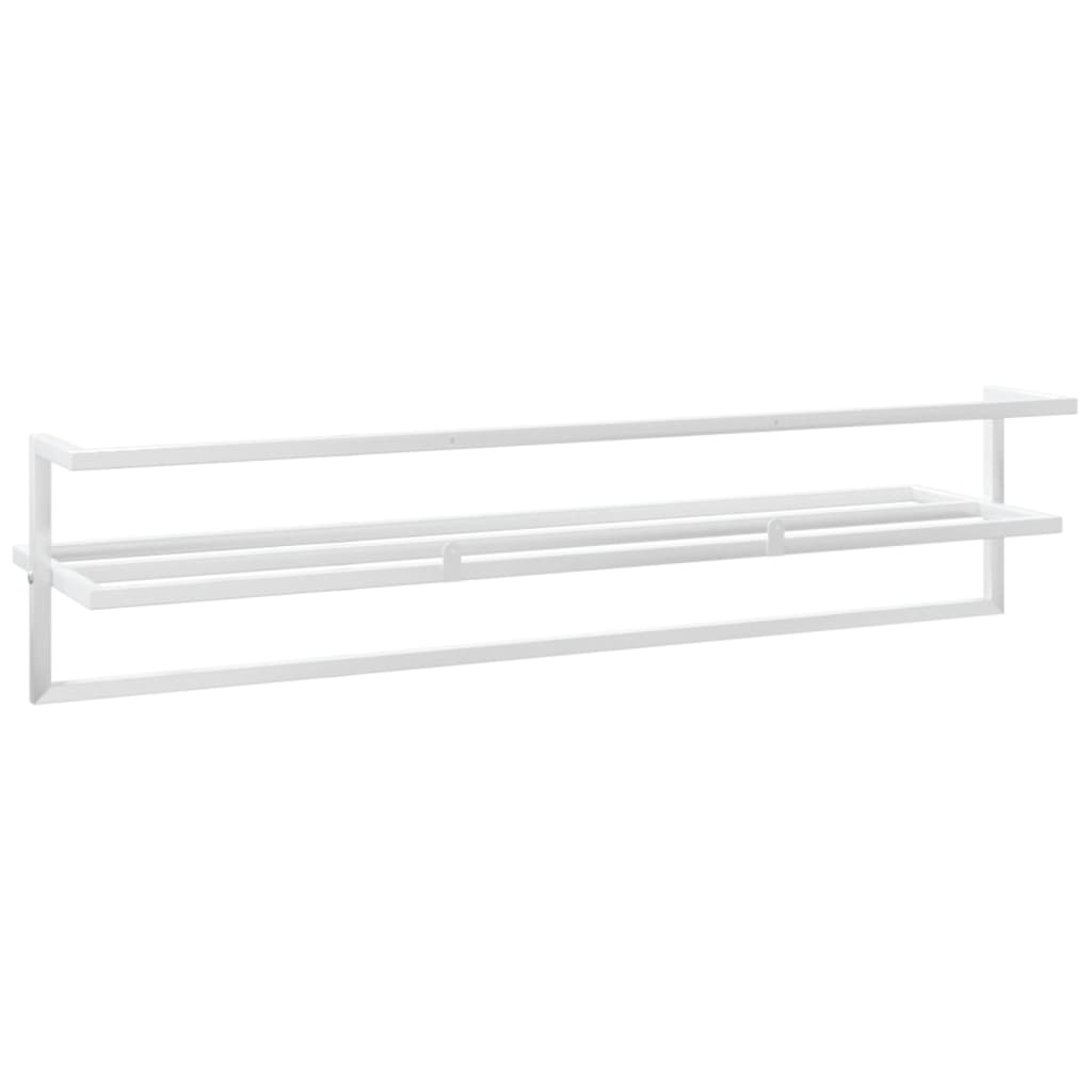 White iron wall-mounted towel rack with an integrated shelf and two towel bars.
