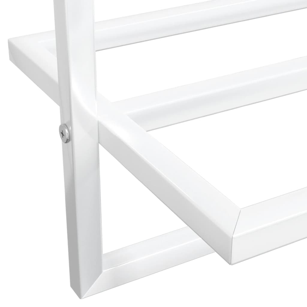 White wall-mounted iron towel rack with shelf, measuring 37.4 by 9.8 by 8.7 inches.