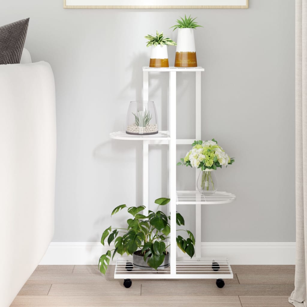 4-Floor Flower Stand with Wheels 17.3x9.1x31.5 White Iron
