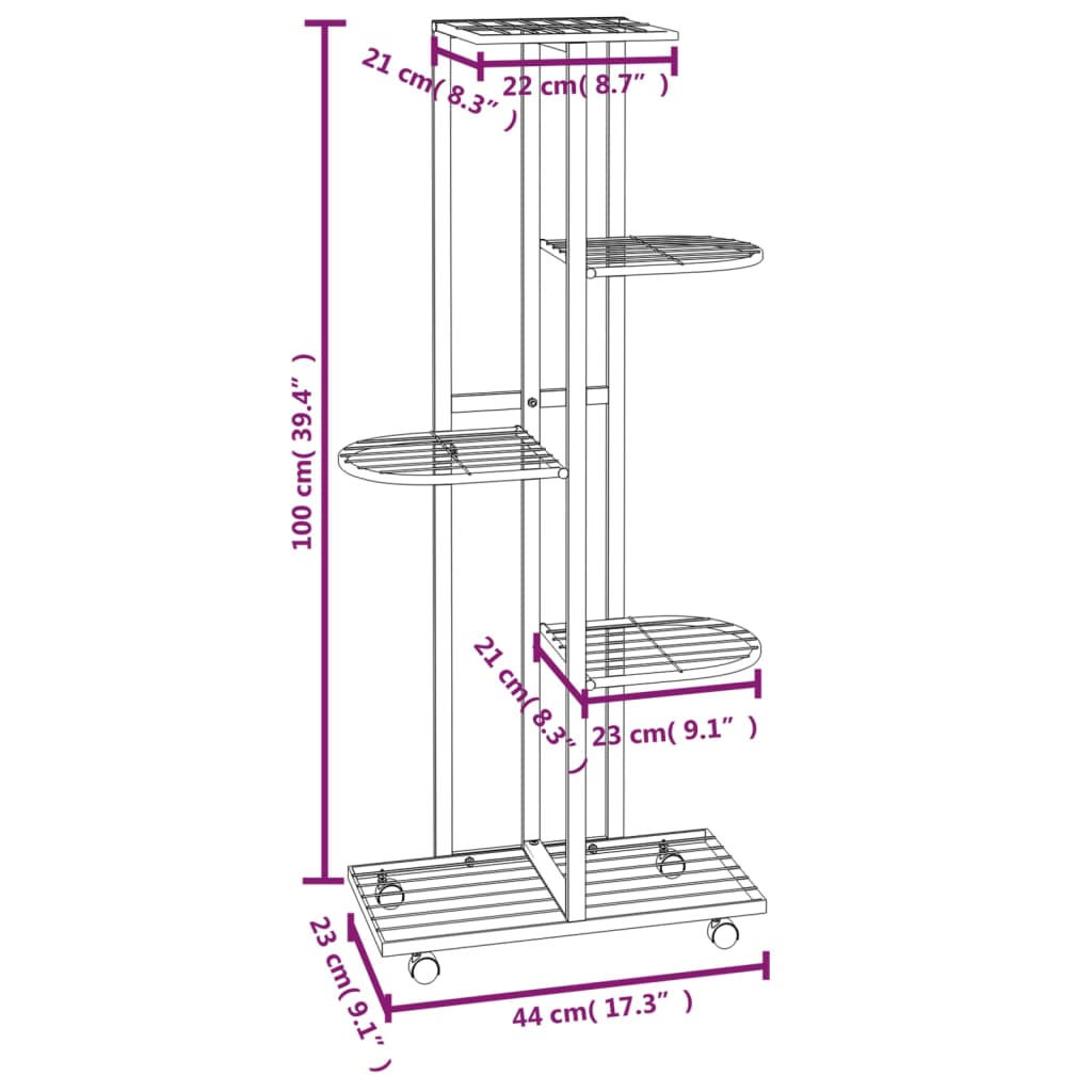 5-Floor Flower Stand with Wheels 17.3x9.1x39.4 Black Iron