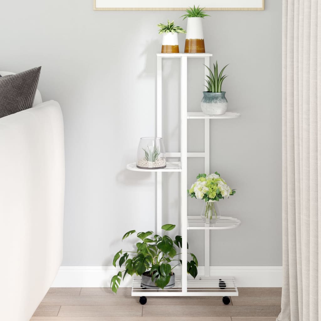 5-Floor Flower Stand with Wheels 17.3x9.1x39.4 White Iron