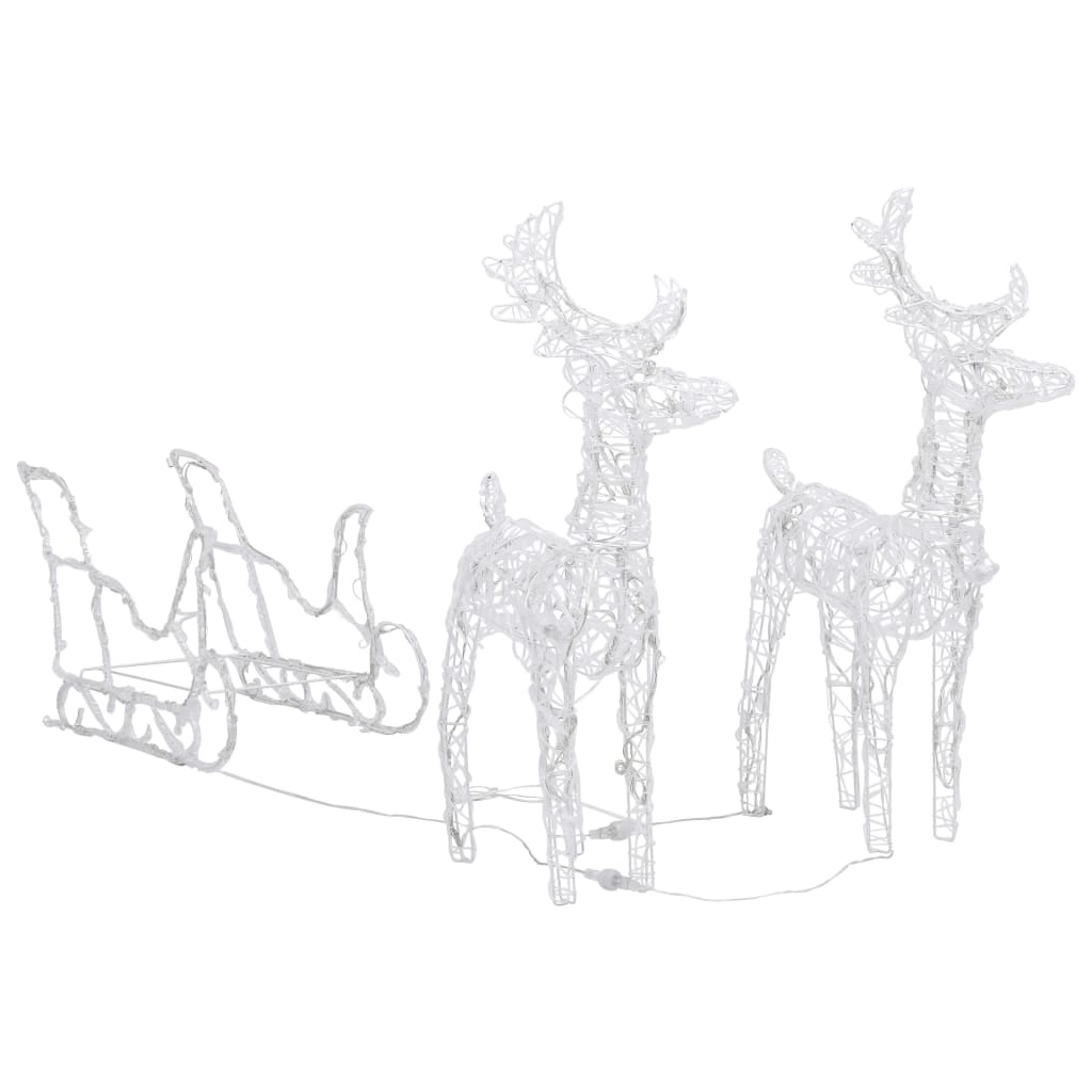 White LED-lit acrylic reindeer and sleigh Christmas decoration with 240 lights.