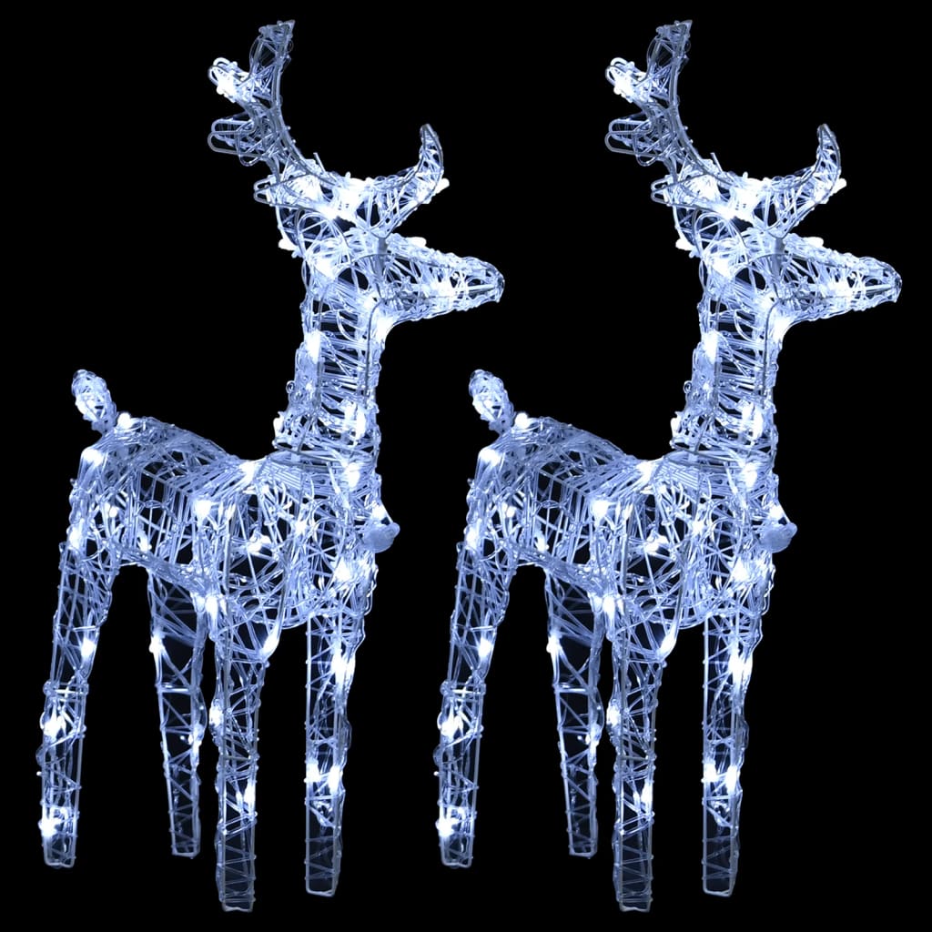 Two illuminated wireframe reindeer figures with white LED lights on a black background.