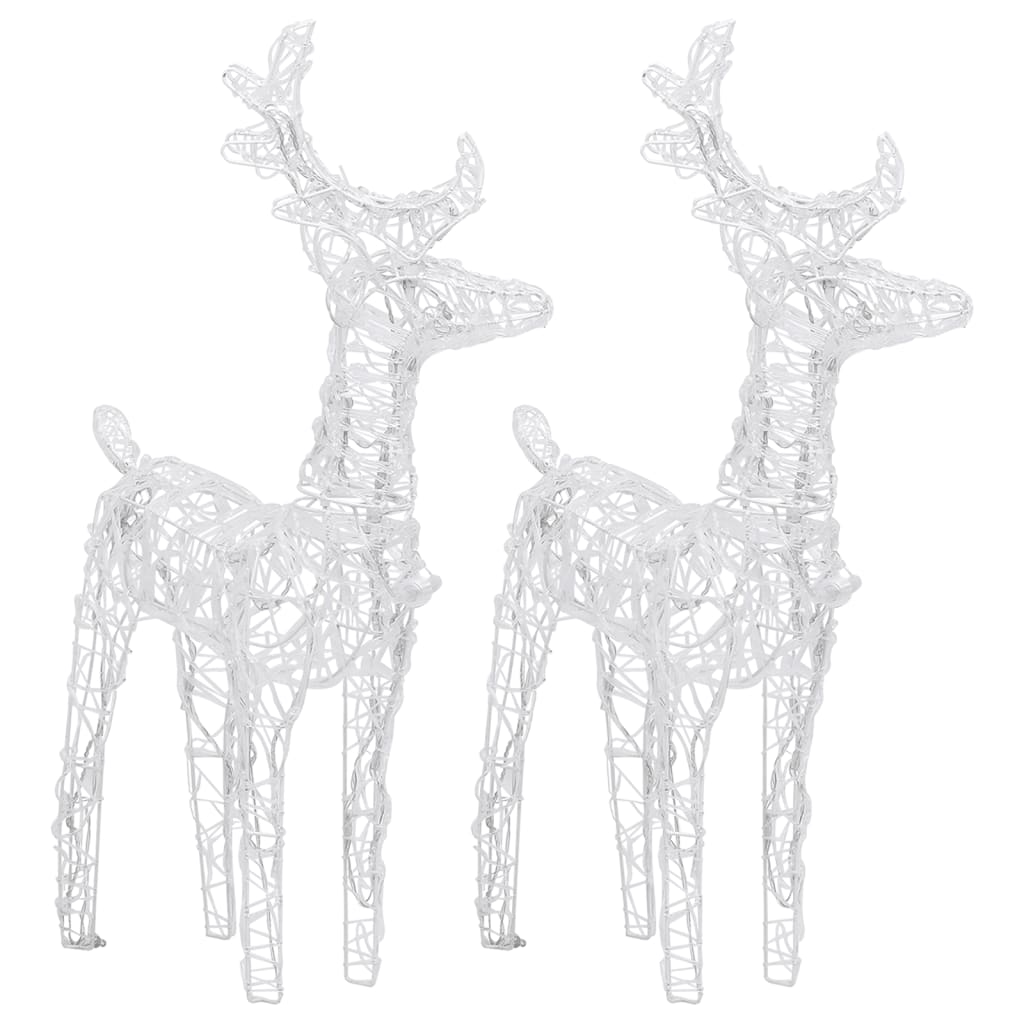 Two white wireframe reindeer Christmas decorations with LED lights.