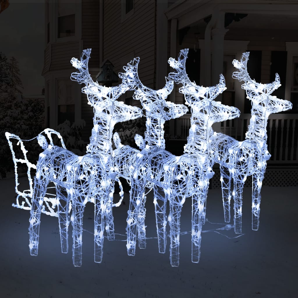 White LED-lit acrylic reindeer and sleigh Christmas yard decoration with 240 LEDs.