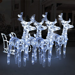 White LED-lit acrylic reindeer and sleigh Christmas yard decoration with 240 LEDs.